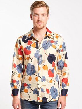 Vintage Cream Button-Down Shirt with Blue, Red & Orange Floral Print
